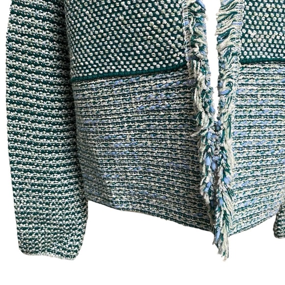 Chico’s Pacific Teal Structured Tweed Fringe Cardigan Jacket NWT Size 1 - Picture 4 of 16